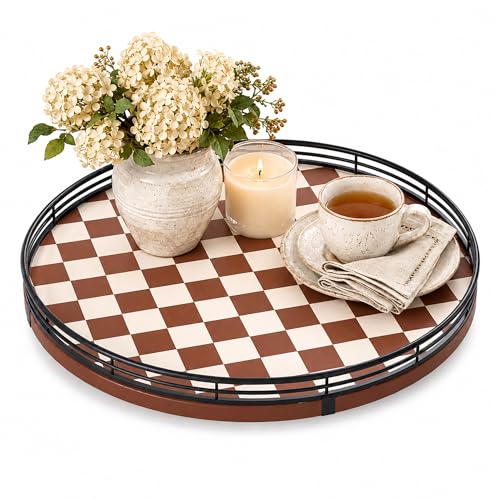 Image of Brown Checkered Lazy Susan Tray, 13 Inch Large Rotating Serving Tray with Black Metal Rail, Round Wood Turntable for Dining Table Centerpiece, Coffee Table Decor and Entertaining