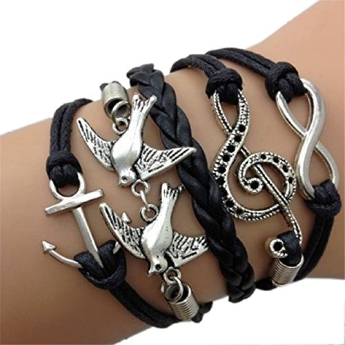 Lookatool Antique Silver Infinity Double Birds Note Charms Leather Wrap Bracelet