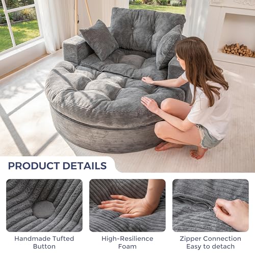 Image of MAXYOYO L Shape Sectional Sofa Couch and Round Chaise Lounge, Modern Cloud Couch with Ottoman, Comfy Sofa with Layered Cushion, Tufted Upholstered Sleeper Chair for Living Room, No Assembly Required