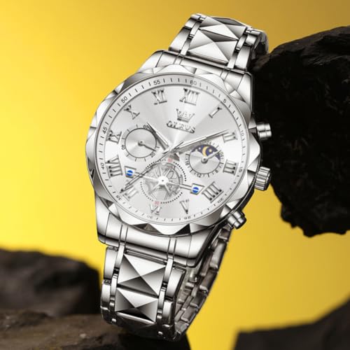 Image of OLEVS Watches for Men Luxury Diamond Casual Large Dial Watches Stainless Steel Waterproof Business Dress Analog Luminous Date Mens Watches