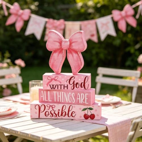 yuboo 4 Pcs Pink Bow Block Sign, Coquette Room Decor for Teen Girls, Christian Wooden Sign 'With God All Things Are Possible', Preppy Girly Shelf Desk Decor, Tiered Tray Home Decor