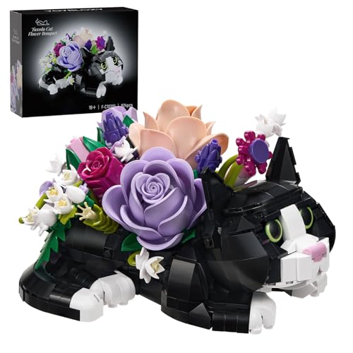 Tuxedo Cat Rose Bouquet Succulent Planter Building Blocks,Tuxedo Cat Flowers Pot,Creative Plants and Animals Decoration Rose Blocks Toys,Gifts for Girls, Women(824PCS)
