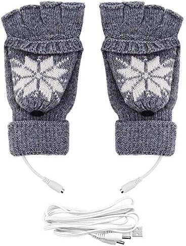 USB Heated Gloves,Unisex Mitten Winter USB Powered Knitting Heated Laptop Gloves，XUNPULS Full & Half Heated Fingerless Hands Warmer-Best Winter Gift Choice (Grey)