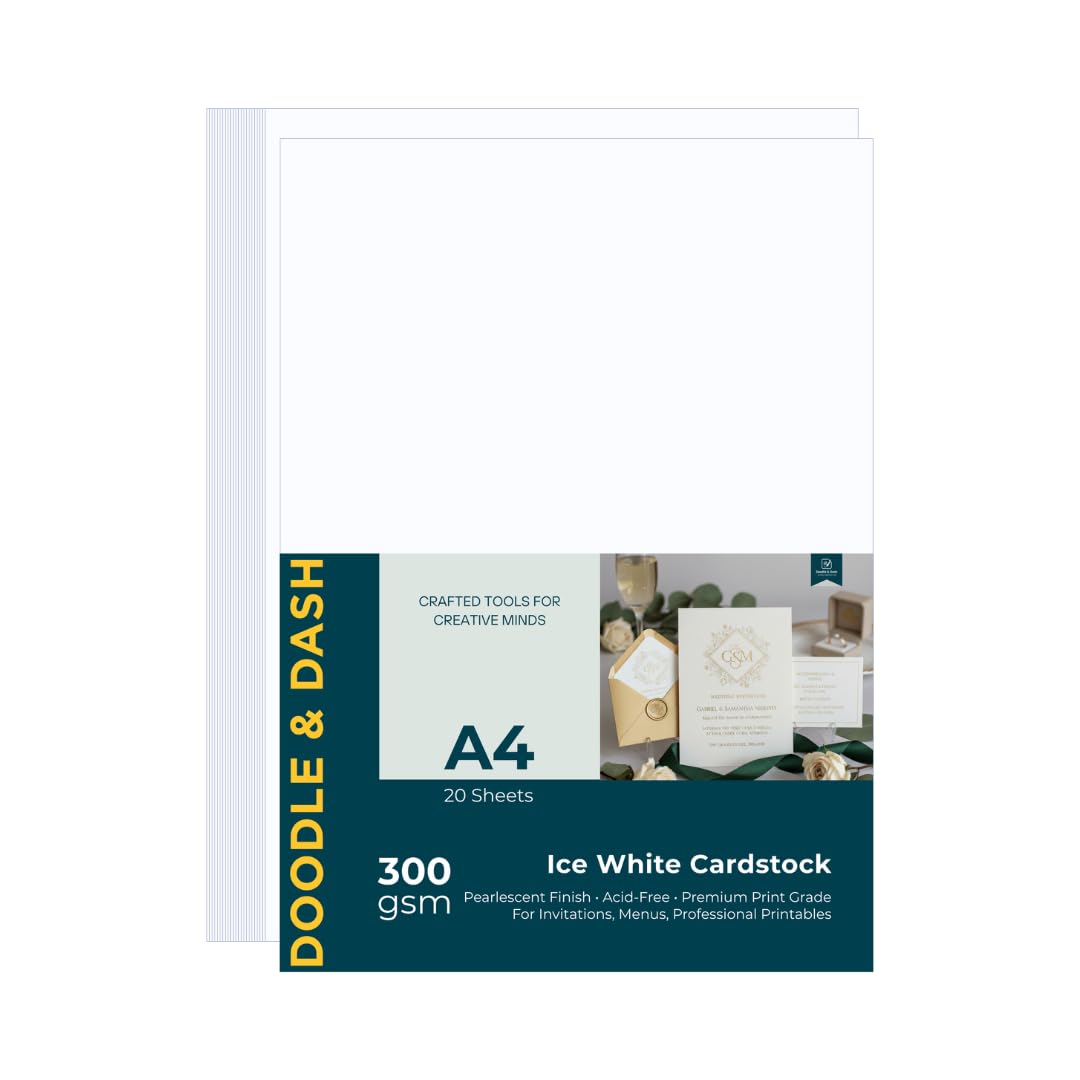 Doodle & Dash A4 Pearlescent 300gsm Card – White Shimmer Cardstock – Printable for Inkjet & Laser – Luxury Pearlised Paper for Wedding Invitations, Crafts & Stationery – 20 Sheets
