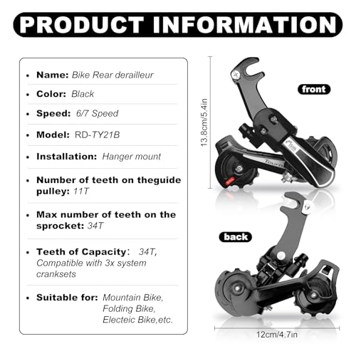 Rear Derailleur RD-TY21B 6/7 Speed Hanger Mount for Mountain, Tricycle, Commuter, and Cruiser Bike