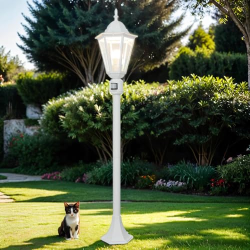 Wegeleuchte mit Bewegungsmelder Glas Aluminium in Weiß IP44 Garten 112,5 cm E27 Laterne Rustikale Stehlampe Mastleuchte Außen BRISTOL