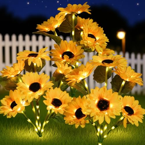 Tel Charme * 18-Flower Sunflower Garden Light, Waterproof Outdoor Warm White Illumination, Decorative Sunflower Lamp for Yard Patio Lawn Porch Flowerbed Pathway Cemetery Decor