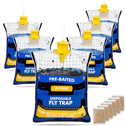 6 Pack Fly Traps Outdoor Fly Trap Bags for Patio with 6 Dissolvable Bait Refills, Big Disposable Hanging Bug Catcher Killer for All Flies for Outside Horse Ranch