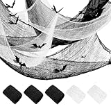 5 Stück 183 x 76 cm Halloween Gaze Stoff Deko gruselig käsetuch passiertuch Cheesecloth mit 12 3D Fledermäuse, Halloween türdeko und Party Decoration Innen Außen