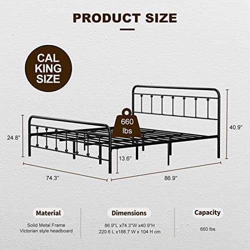 Ikifly California King Size Metal Bed Frame With Headboard & Footboard - Strong Steel Slats - Mattress Foundation - Victorian Vintage Style - No Box Spring Needed - Black/Cal King #TOP1
