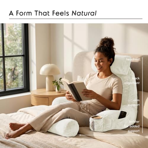 Image of Nestl Reading Pillow with Shredded Memory Foam Includes 2 Neck and Lumber Support Pillows, Designed for Sitting Up in Bed and Couch, Back and Arms Adjustable Support for Adult & Teens, Off White