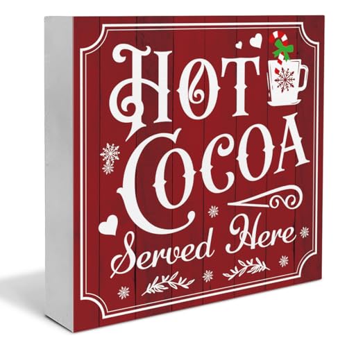 Vintage Christmas Decor Hot Cocoa Wooden Sign Coffee Bar Wooden Block Sign Christmas Kitchen Decorations for Table Shelf 5 x 5 Inch