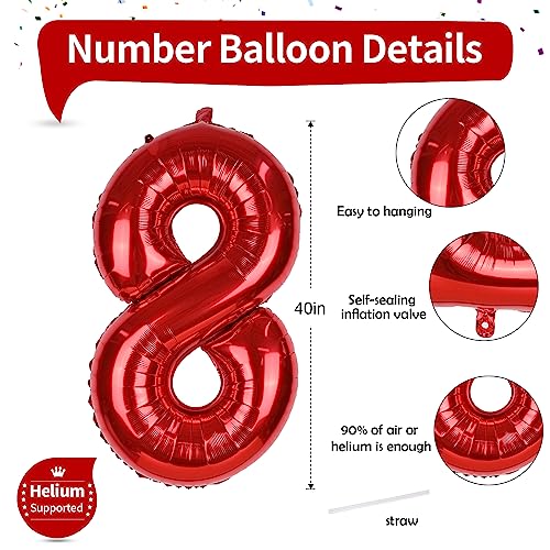 Image of 40 Inch Red 8 Balloons Number, Big Self Inflating Foil Girls 8th Birthday Balloon for Boys Women 18th Happy Birthday Party Decoration Anniversary Graduation Celebration Christmas for Men Supplies