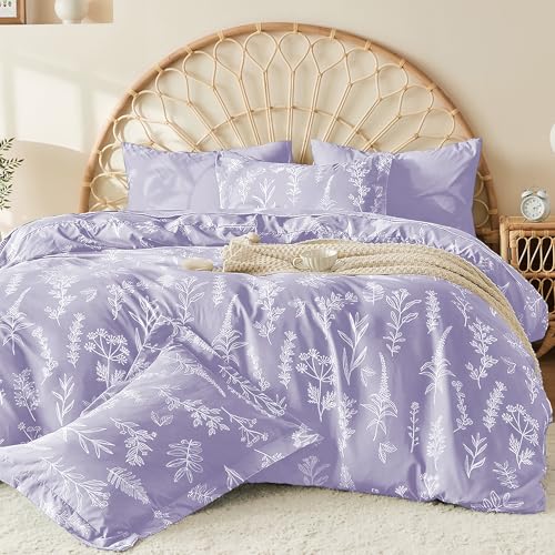 MUXHOMO Duvet Cover Full Size, Reversible Floral Lavender Duvet Cover Set with Zipper Closure, 3 Pieces Botanical Patterns Soft Microfiber Bedding Set with 4 Ties (80"x90", 2 Pillow Cases)