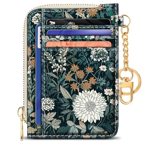 Image of GIANCOMICS Slim Wallet Credit Card Holder Women, Vintage Weeds Floral Rfid Small Card Case, Keychain Thin Pocket Curved Zipper Wallet, Travel Card Holder PU Leather ID Window, Ladies Female Gifts