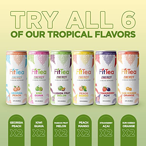 Fittea Healthy Energy Drink Variety Pack 12 Fl Oz - Sparkling Refresher (12 Pack) Natural Energy Drinks Sugar Free - Flavors Include Peach Mango X2, Sun-Kissed Orange X2, Strawberry Acai X2, Kiwi Guava X2, Passionfruit Melon X2, Georgia Peach X2 #TOP1