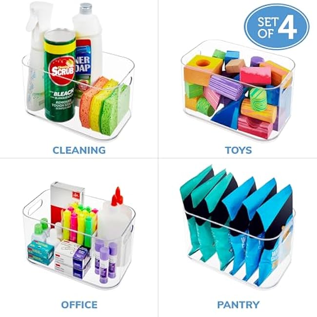 STORi Bliss 10 x 6 Open Clear Pantry Organizer Bin, Set of 4, Plastic Containers with Handle for Kitchen, Fridge, Cabinet, Closet, Bathroom, Undersink Storage Made in USA