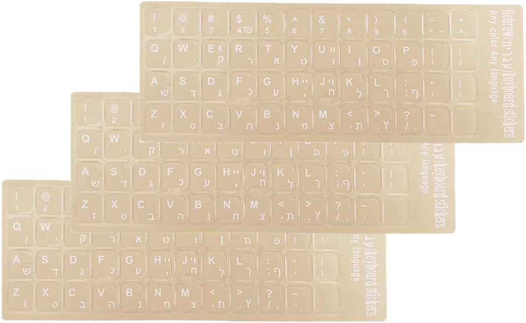 i-Tensodo 3 Pack Universal Hebrew Keyboard Alphabet Stickers, Transparent Background and White Lettering for PC Computer Laptop Desktop Keyboard Stickers - Hebrew
