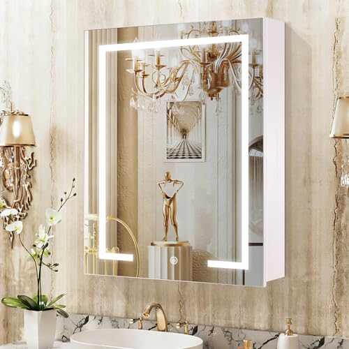 LED Medicine Cabinet with Light,Mirror Cabinet with Cosmetics Storage Rack,3X Magnifier Makeup Mirror,Lighting Glass Shelf,3 Colors&Dimmer,22×30inch,White