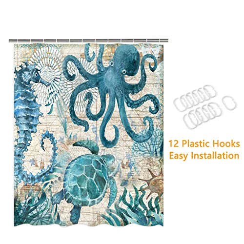 GOOESING Nautical Biological Theme Shower Curtain Blue Ocean Sea Turtles Octopus Seahorse Beach Coral Reef Vintage Nautical Map Curtain Fabric Bathroom with Hooks Washable, Teal,72 X 72 Inch
