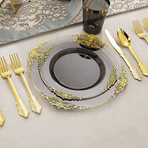 Nervure 175pcs Clear Black Plastic Plates - Gold Plastic Dinnerware Set for 25 Guests include 50 Disposable Plates,75 Gold Silverware,25 Cups,25 Napkins Perfect for Party&Independence Day by Nervure - Image 4