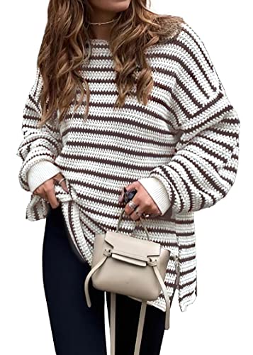 KIRUNDO Women's 2026 Fall Winter Oversized Long Sleeve Striped Sweater Casual Crewneck Side Split Pullover Knit Tops(Striped Coffee, Large)