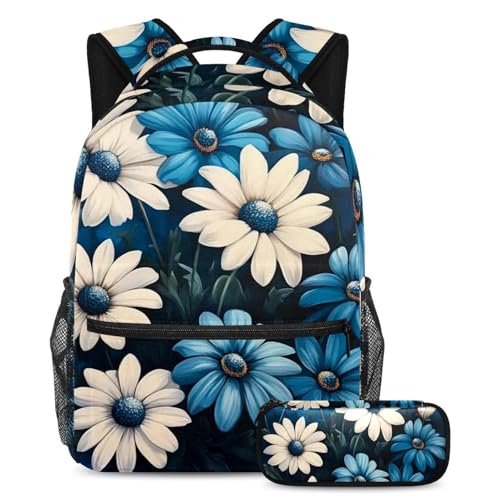 Sac à dos marguerites bleues et blanches Large avec trousse d'école pour étudiants
