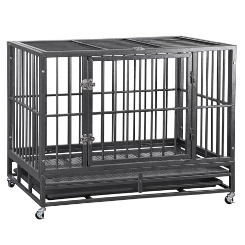 Nouva Large 48/38 Inch Heavy Duty Indestructible Dog Crate, Steel Escape Proof Dog Cage, Indoor Double Door High Anxiety Cage, Kennel w/Wheels, Removable Tray