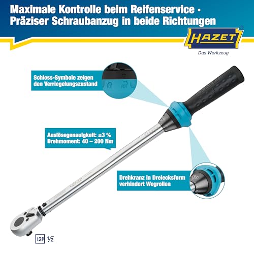 Hazet Drehmomentschlüssel 5122-2CT I Abtrieb: Vierkant 12,5 mm, 1/2 Zoll, Toleranz: 4%, 32 Zähne Betätigungswinkel 11,25 Grad I anwenderfreundliche Umschaltknarre für Auto und Fahrrad I 519mm
