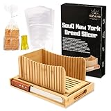 SouQ New York Bread Slicer for Homemade Bread | Non-Slip Bread Cutter with Knife, Slicing Guide, Crumb Tray, 10 Clear Plastic Storage Bags with Ties- Foldable Design for Three Slice Thicknesses