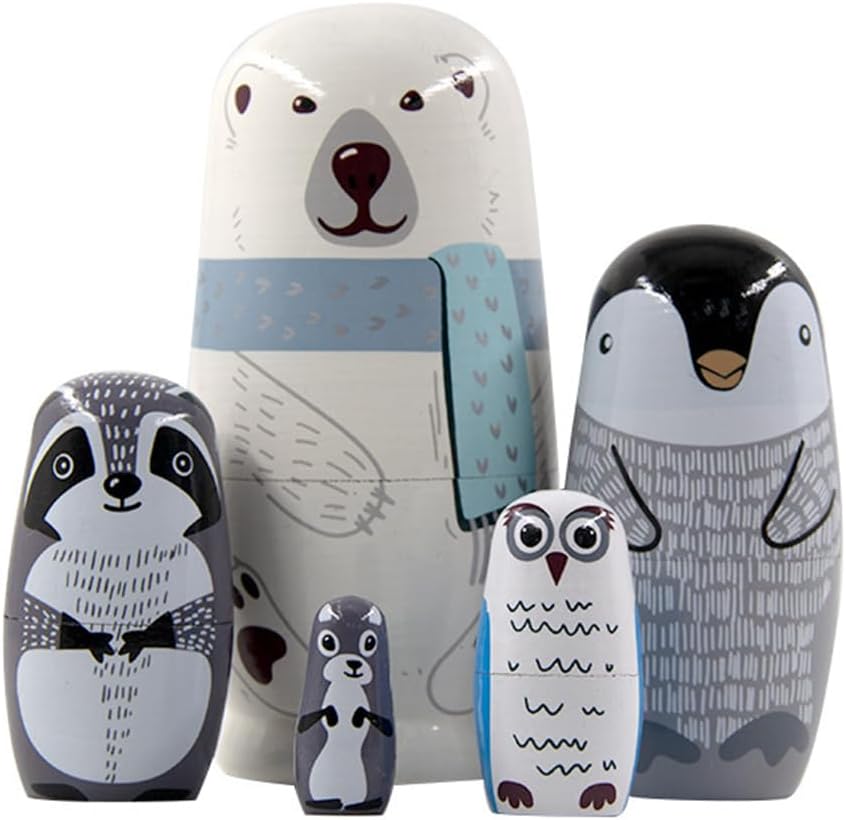 Five Layer Russian Nesting Dolls Set White Big Bear Matryoshka Doll Cute Animal Ornaments for Home Decor Room Christmas Halloween Fun Personalised/Personalized Stacking Craft Box