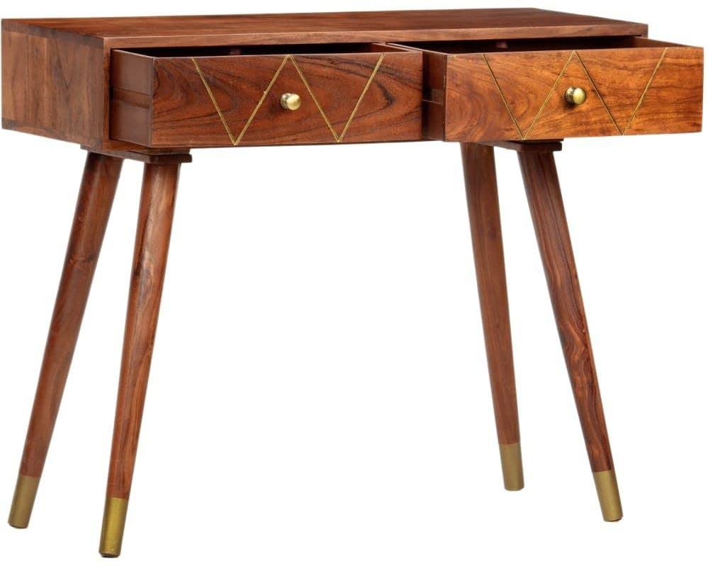 Image of Auden Solid Wood Console Table | Premium 2 Drawer Console Table for Home | Natural Mahogany Finish | Solid Acacia Wood | Cone Legs