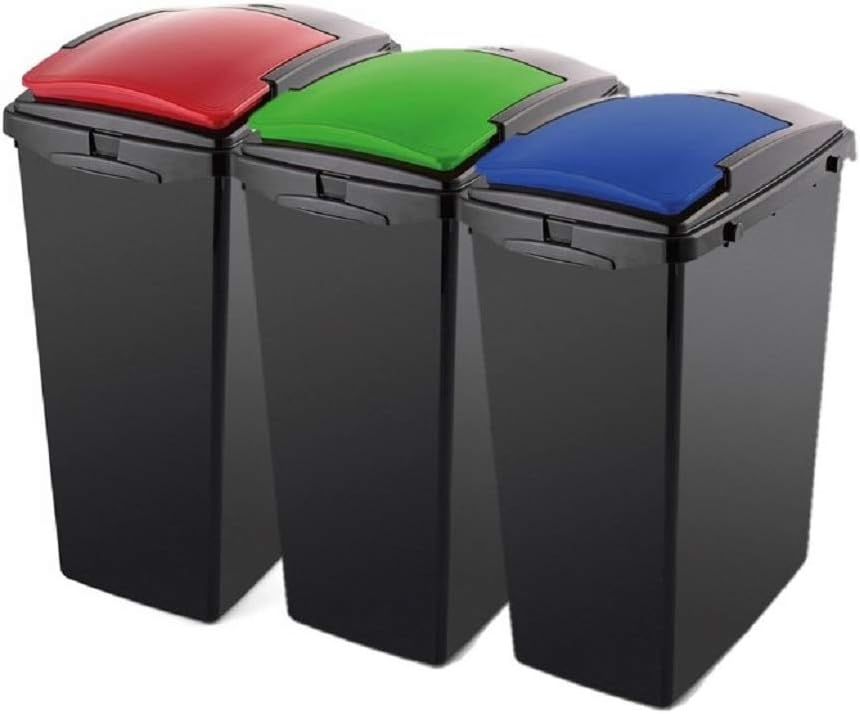 Addis Recycling 40 Litre Set of 3 Waste Utility Plastic Bins Interlocking Clips, Lift, Red & Green, Black Colour Coded lids Blue, Red, Green, 3 x 40