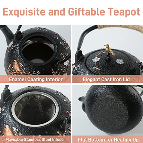 Image of Cast Iron Teapot SECHUDO Teapot for Stovetop Safe Coated with Enameled Interior,Japanese Beautiful Tea Kettle with Stainless Steel Infuser for Loose Tea (40.6oz /1200ml)