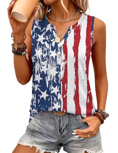 TCOT Womens T Shirts Summer Sleeveless Button V Neck Tunic Tops to Wear with Leggings USA Patriot Graphic Clothes L