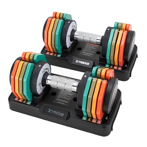 TREXO MULTICOLOR Juego de mancuernas ajustables de 2 x 10 kg de acero con mango antideslizante, ideal para el entrenamiento de fuerza en casa y en el gimnasio, mancuernas ajustables con base estable