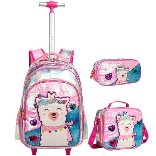 CUTBLAJAT - Mochila Infantil de Rodinhas com Kit Completo - Estampa de Cachorrinho Branco em Tecido Glitter Rosa