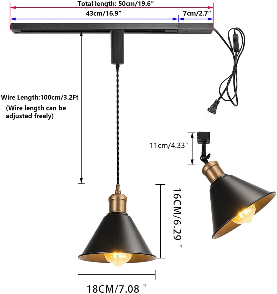 1x Plug in Cable Track Rail, 1X Adjustable Cord, 1x Adjustable Angle Black Metal Shade Vintage Base H-Type Industrial Style Track Lighting Fixtures for Kitchen Loft(No Bulb)