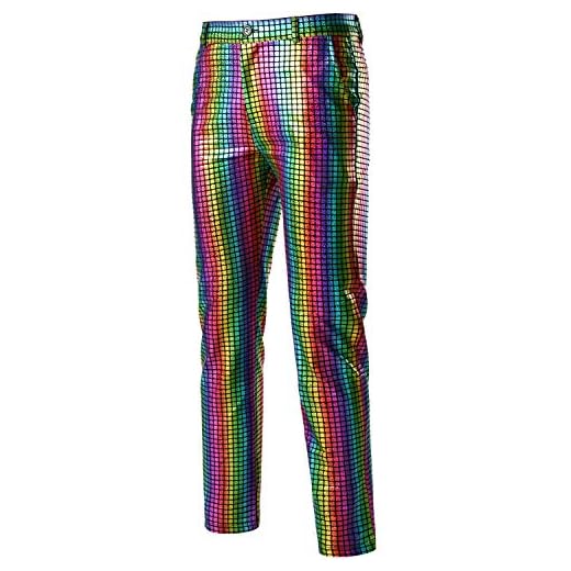 ZEROYAA Men's Nightclub Shiny Metallic Sequins Suit Pants 70s Disco Trousers (28, Multicolour Sequin)