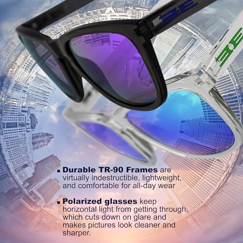 Image of Epoch Eyewear LXE Polarized Sunglasses 2 Pair Clear Frame with Green Mirror Lens & Grey Frame with Purple Mirror Lens