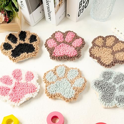 WATINC 22Pcs Craft Punch Needle Coaster Kit, Easy Art Work Decor Coasters Kits for Beginners, 6 Pattern Tufted Rug Pads with Adhesive Felt Yarns Embroidery Hoop Instruction, DIY Needle Punch Craft - Thumbnail 5