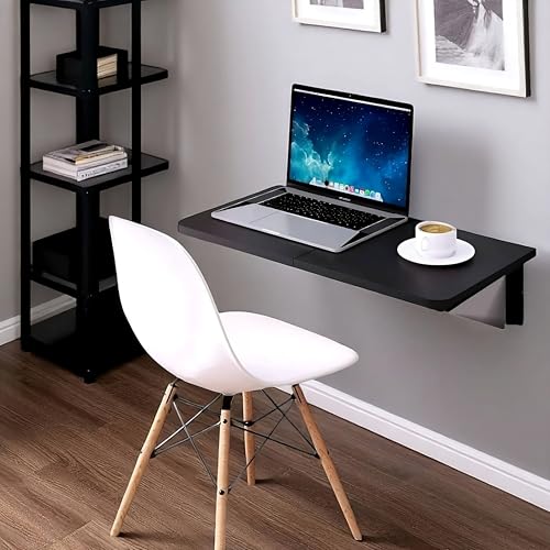 Image of Floating Desk for Home, Office, Study, Kitchen, and Dinner Computer Bar Laundry Room Wall Mounted Folding Table Wall Mounted Folding Desk for Space Saving (Black 2)