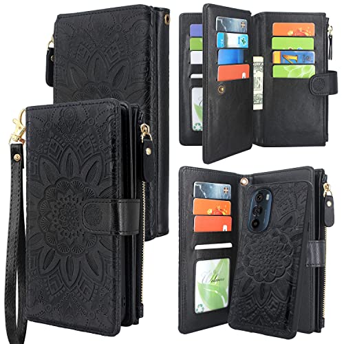 Harryshell Detachable Magnetic Zipper Wallet Leather Case with Cash Coin Pocket 12 Card Slots Holder Wrist Strap Lanyard for Motorola Edge+ Edge Plus 2022 / Moto Edge+ 5G UW 2022 Flower (Black)