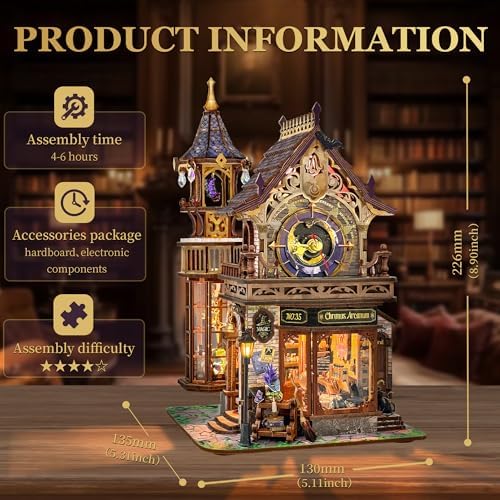 Book Nook DIY Miniature House Kit - Booknook Kit for Adults, Magic Clock Tower Bookshelf Decor, Birthday Gifts for Book Lovers Women Friends - Time Magic Club - 2