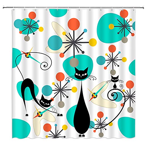 LAEDCIITI Mid Century Black Cat Shower Curtain Modern Atomic Abstract