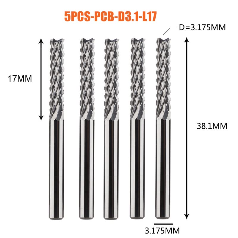 5 fraises en carbure monobloc à bout conique 1/8 D3,175 mm, outils de coupe for circuits imprimés(PCB-D3.1-L17-5pcs)