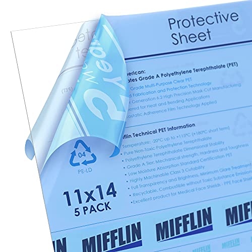 MIFFLIN Flexible Clear Plastic Sheet (11x14 x 0.03 inch, 5 PK) PET is Similar to Plexiglass & Acrylic Yet Thin, Perfect Replacement for Picture Frame Glass, General Purpose Household Use, Easy to Cut