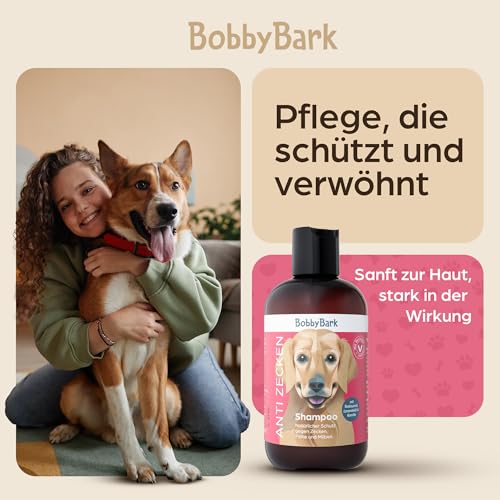 Bobby Bark Hundeshampoo Anti-Zecken – Natürlicher Schutz gegen Zecken, Flöhe & Milben mit Teebaumöl, Lavendelöl & Kamille – Mild & Hautfreundlich – pH-neutral, Vegan, Pflegend