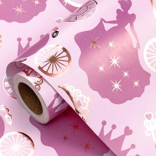 RUSPEPA Mini Papier d'emballage princesse – Rose, avec château de conte de fées, calèche, couronne en feuille d'or, pour filles, anniversaires, fêtes –...