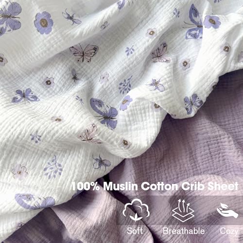 Image of Little Grape Land Muslin Crib Sheets Fitted for Boys and Girls 2 Pack, 100% Cotton Baby Bed Sheets Soft Breathable, Neutral Fitted Baby Mattress Sheets for Standard Crib 52x28 inches, Purple Butterfly
